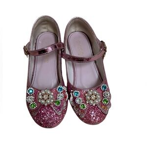 Girls Pink Glitter Princess Shoes EU 31 US 12 Mary Jane Rhinestone Heels
